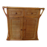 Commode vintage en bois, bambou et rotin tressé-Années 60–meuble d’appoint-2 portes–2 tiroirs
