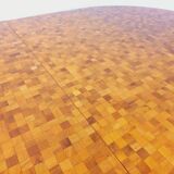 Vintage round dining table from the 60s 70s in solid wood mosaic teak and walnut with extension