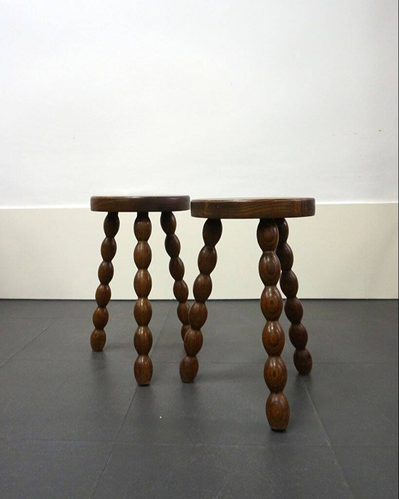 Pair of turned stools in brutalist style
