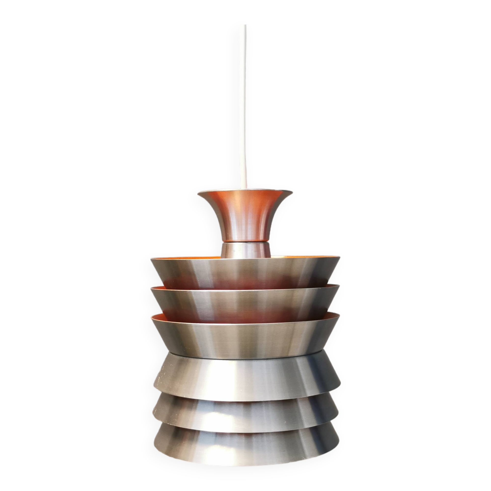 Danish/Swedish hanging lamp, in silver-coloured aluminium with orange interior paint.