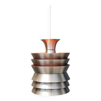 Danish/Swedish hanging lamp, in silver-coloured aluminium with orange interior paint.