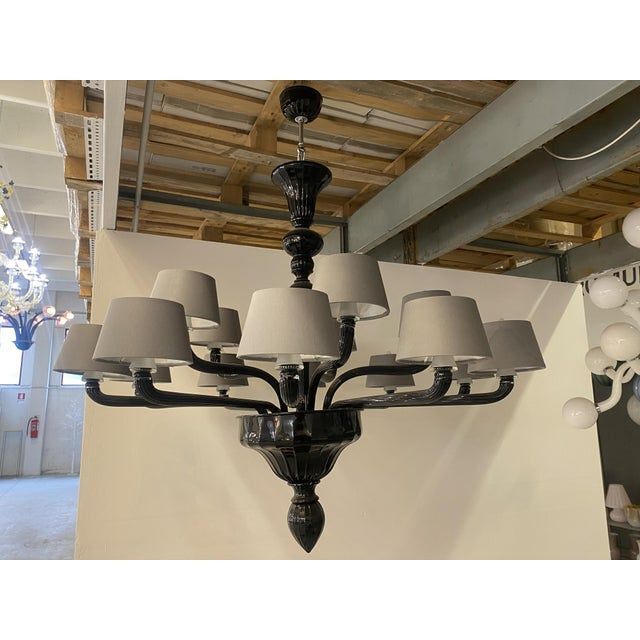 Contemporary Venetian Black Murano Glass Chandelier With Grey Shades
