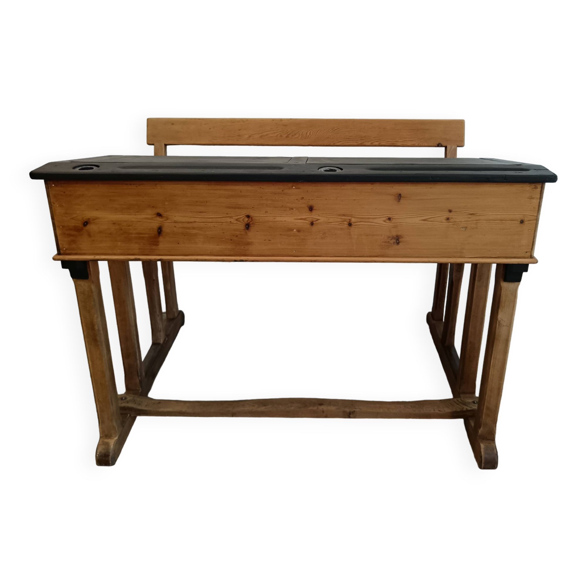 Double school desk in wood and black