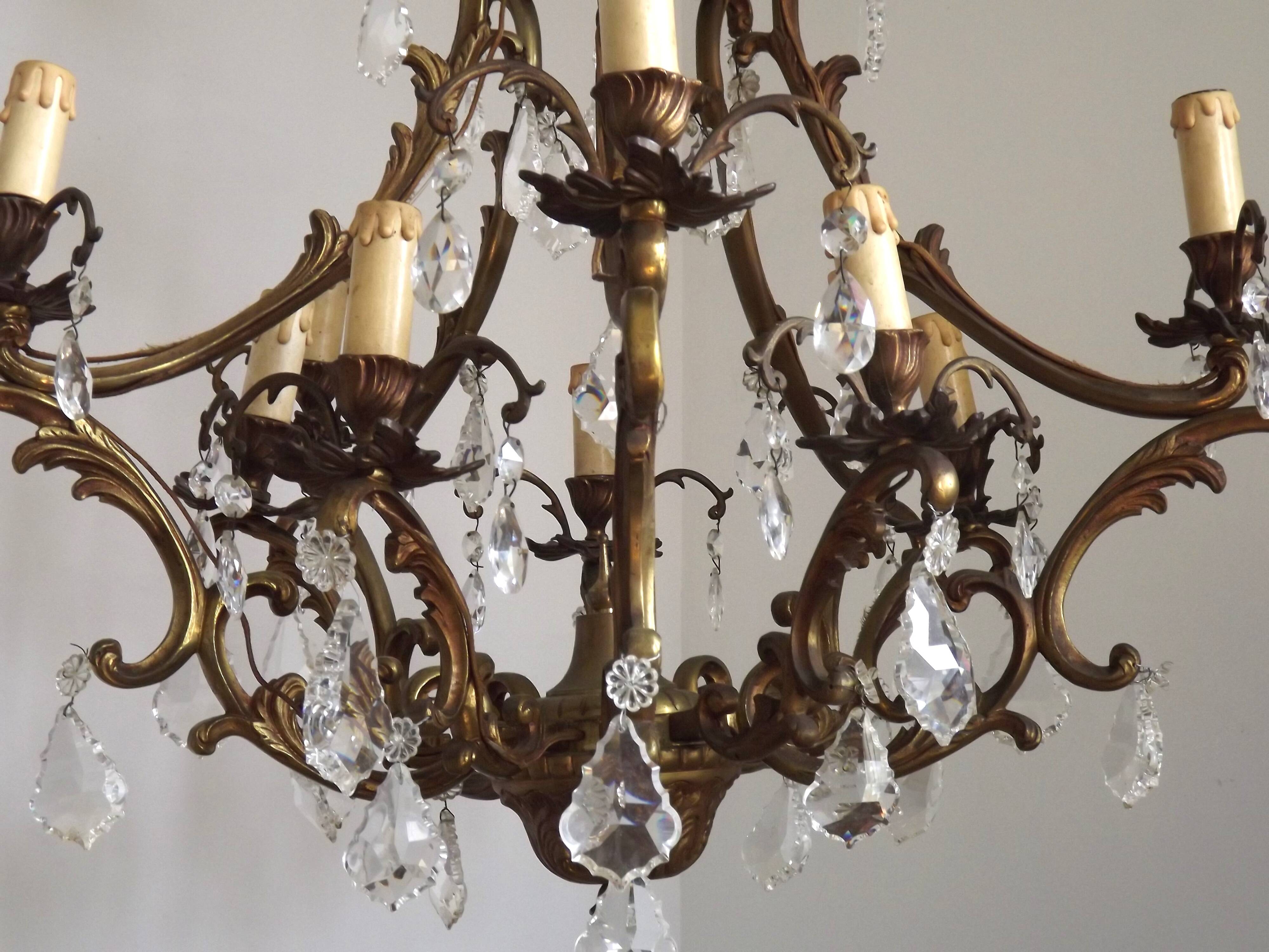 10 Light 5 Sided Bronze and Crystal Cage Chandelier