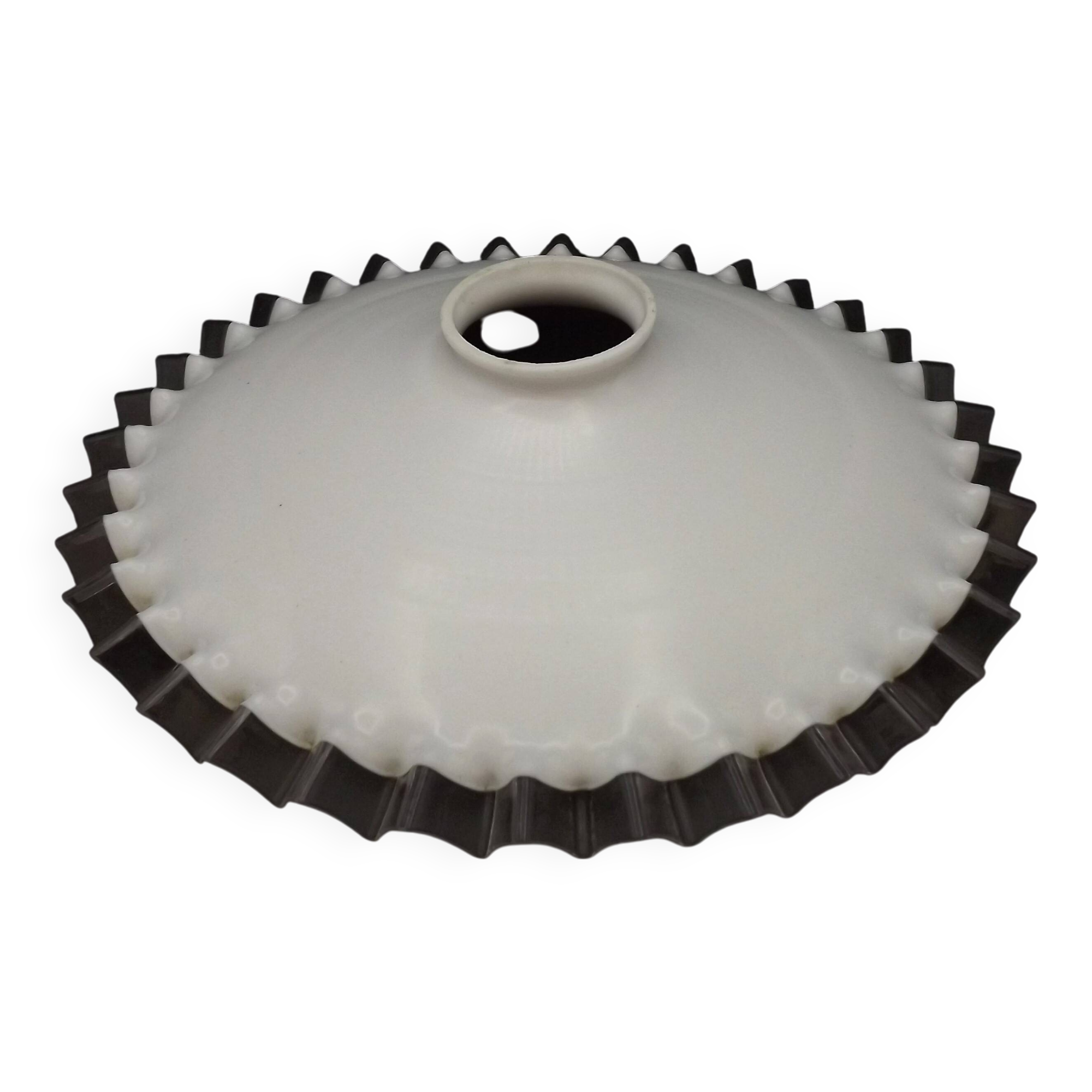 Fringed opal white glass pendant lampshade with scalloped edge.