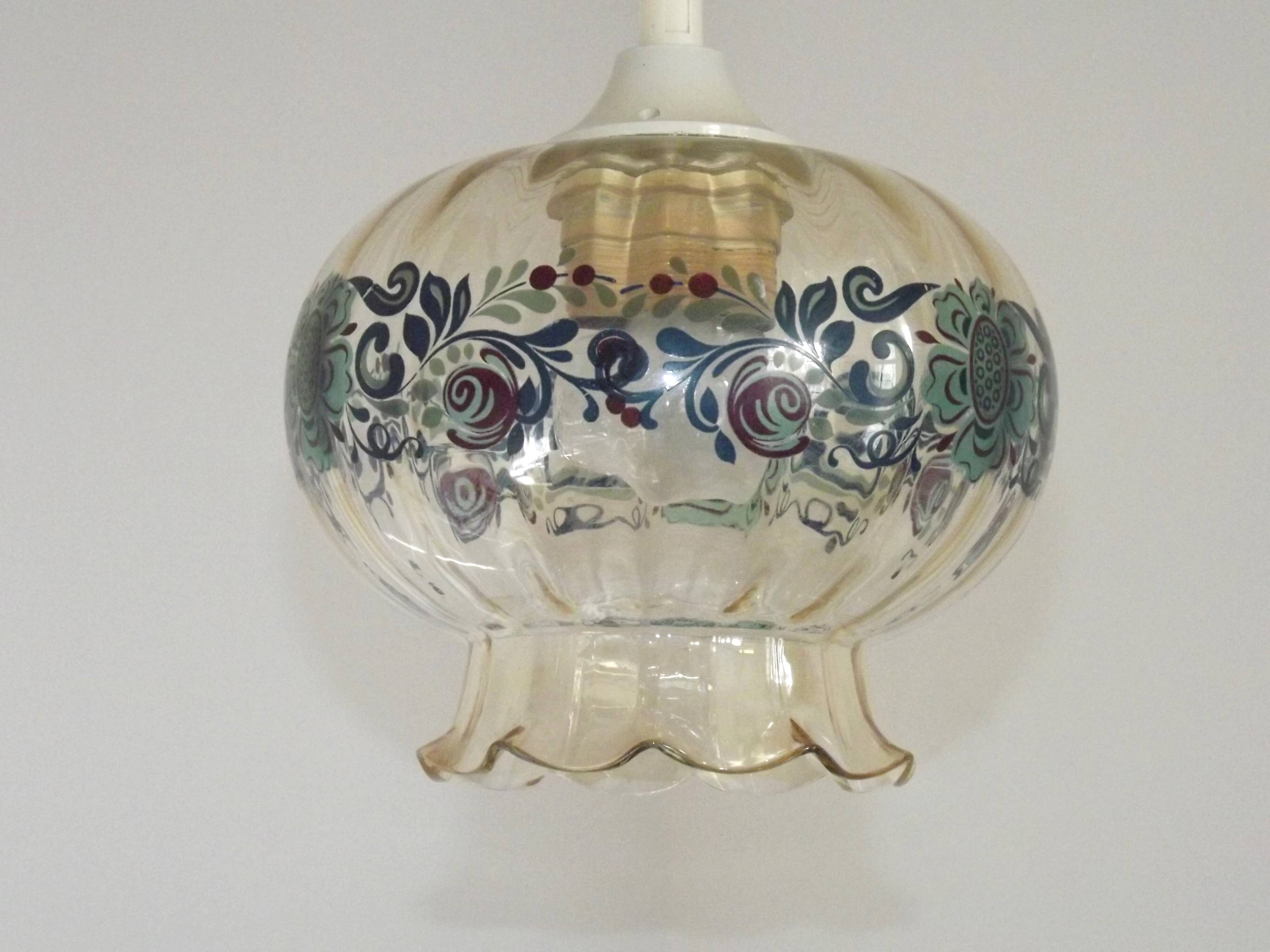 French Vintage Clear Glass Ceiling Light with Colourful Floral Decoration