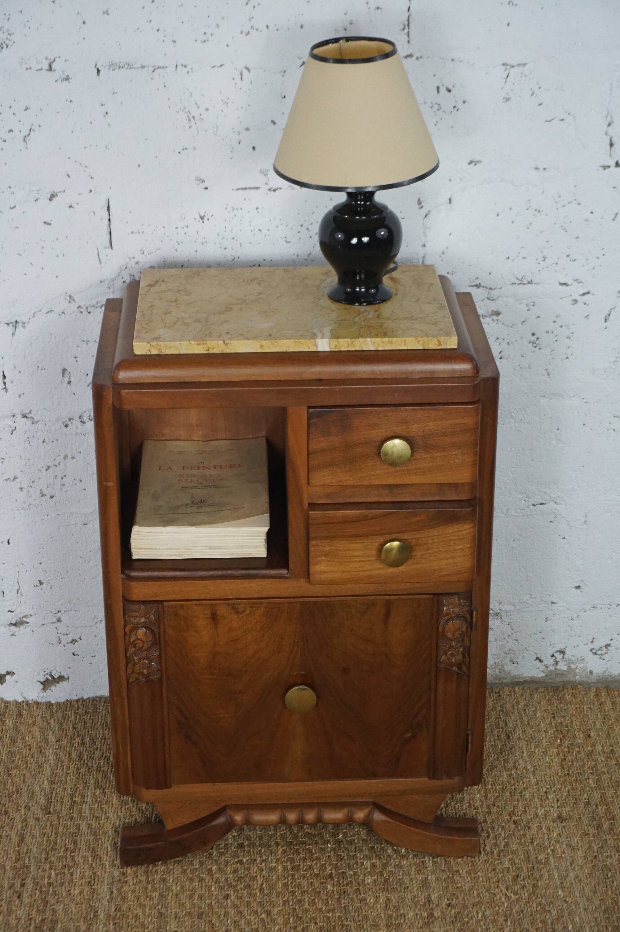 Table de chevet art déco bois massif et marbre