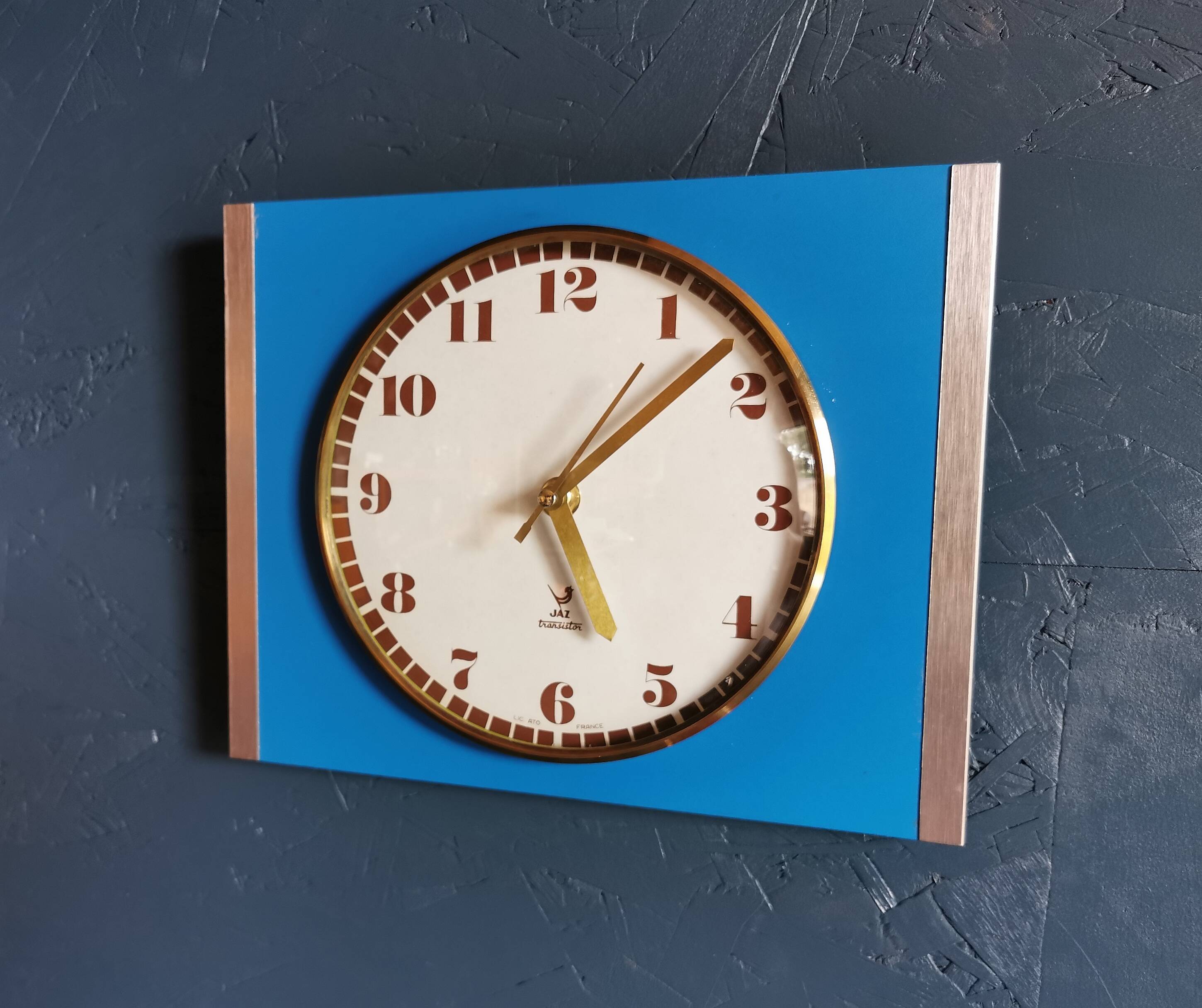 Vintage formica clock rectangular silent wall clock "Jaz golden blue"