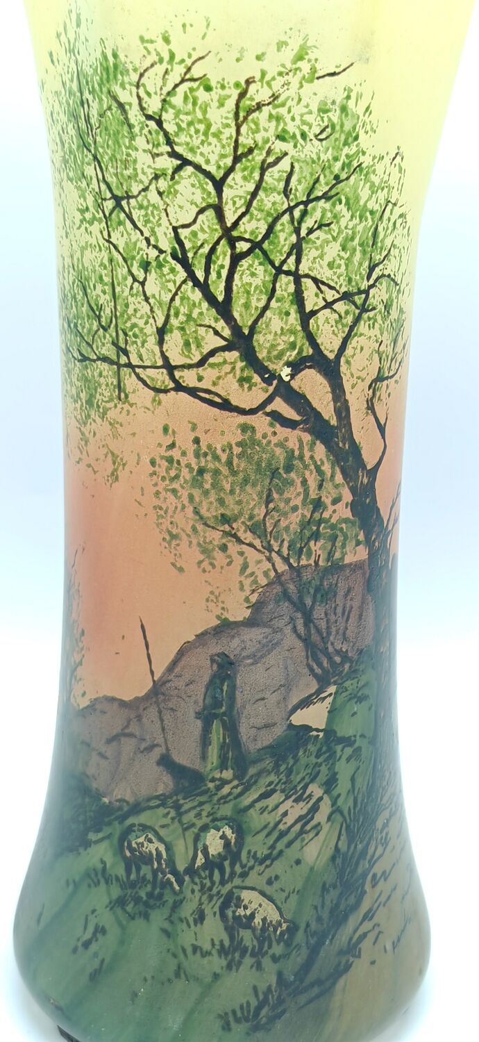 Large enameled glass vase in the style of Legras decor of the shepherd and his sheep