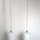 Pair of opaline pendants from the 1960s, luminous simplicity, 140 cm.