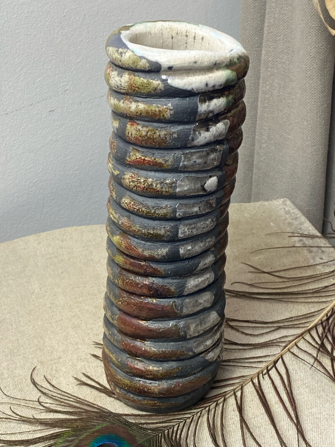 Raku ceramic tubular vase