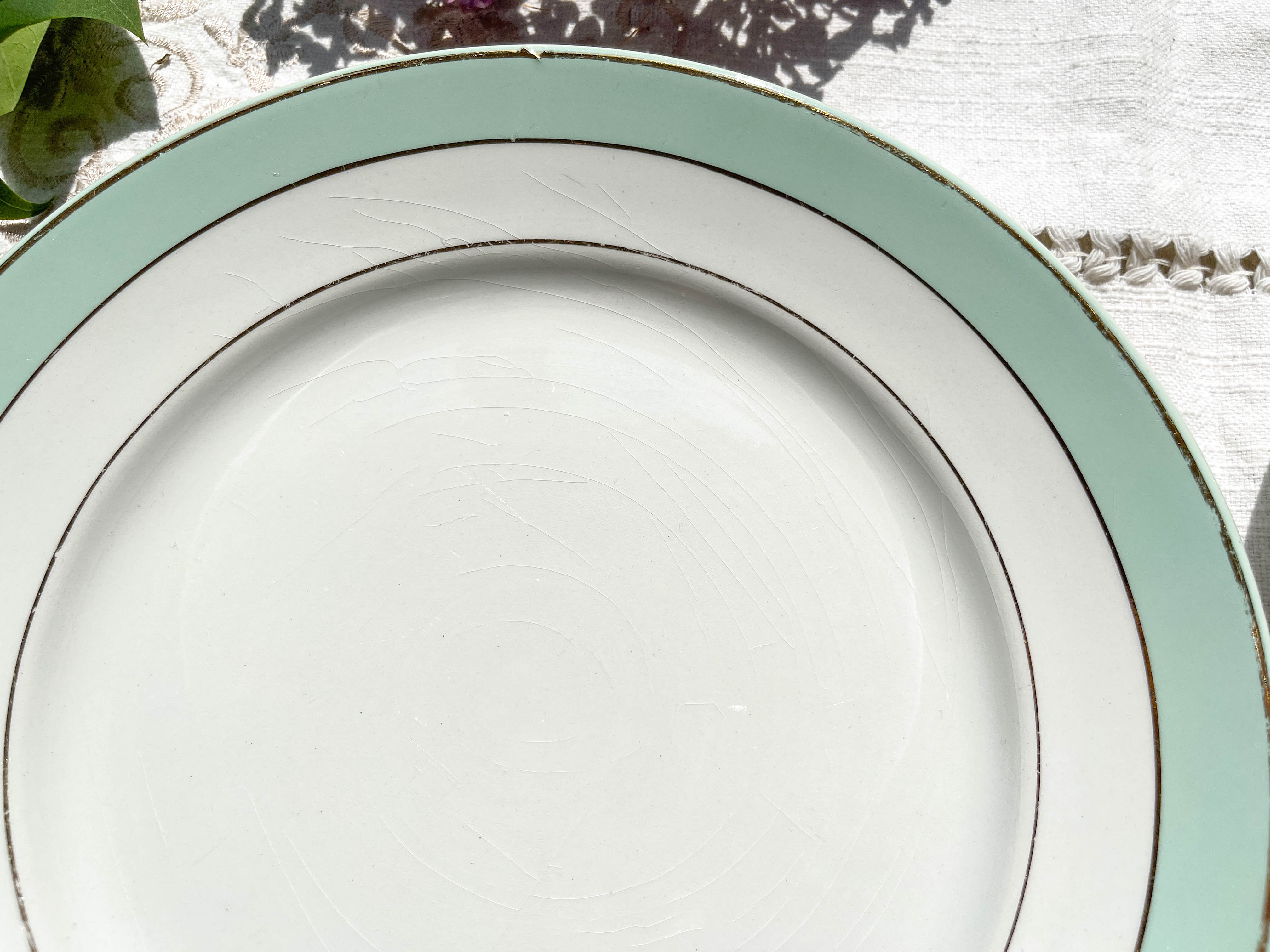 6 Badonviller flat plates in white, green and gold earthenware
