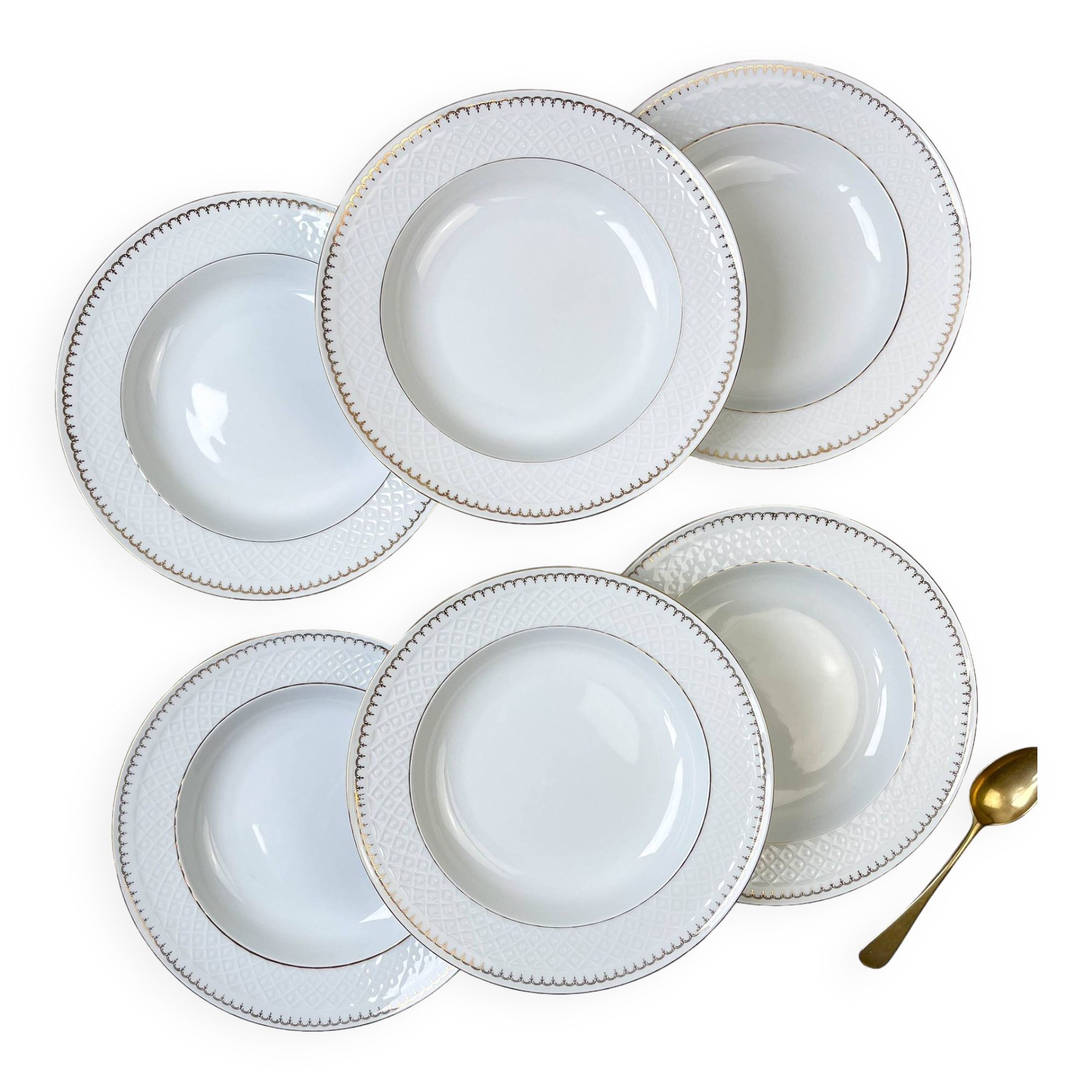 6 deep plates in white and gold porcelain, Bavaria model "Annabell"