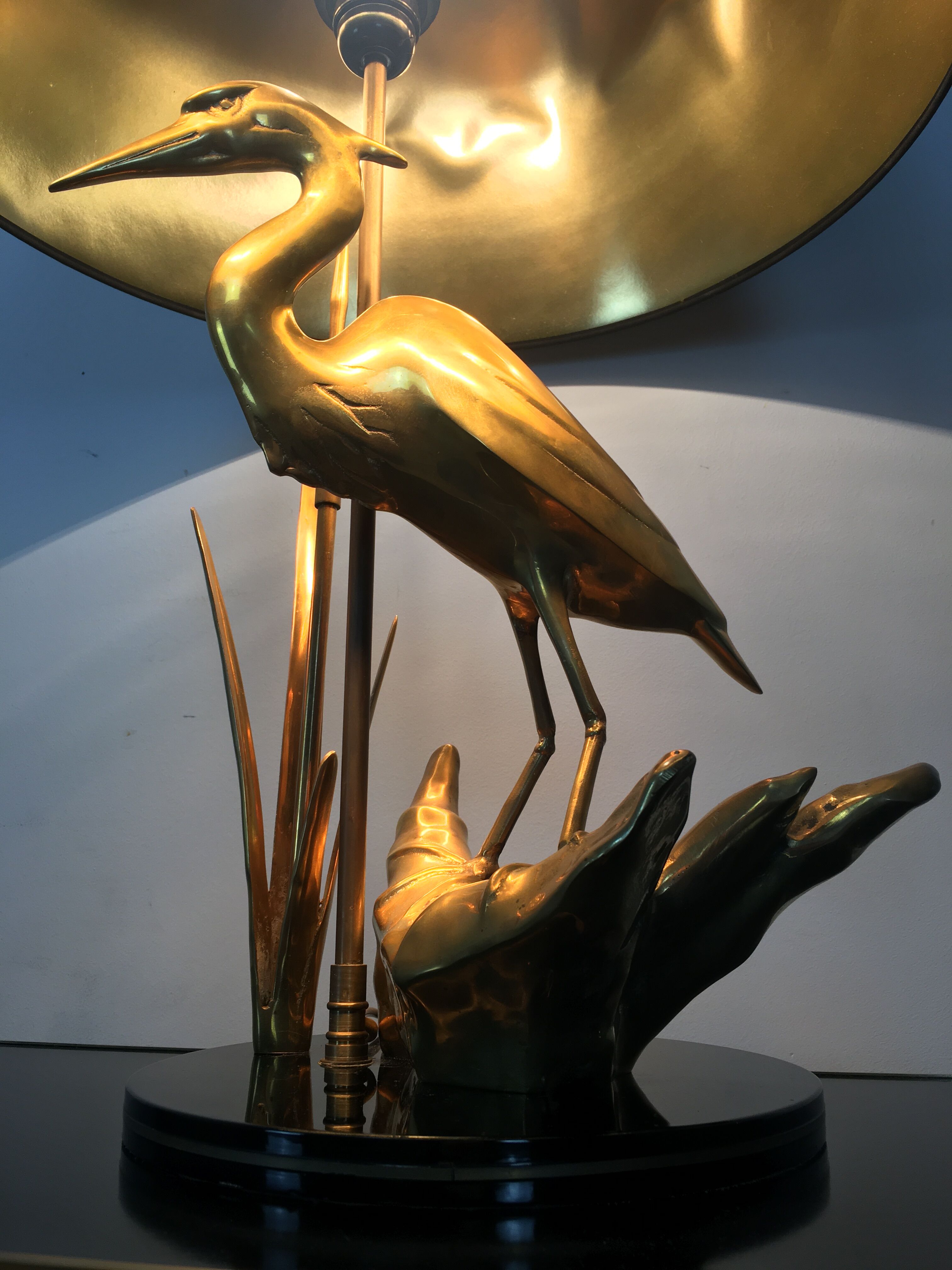 Heron lamp, golden brass animal style