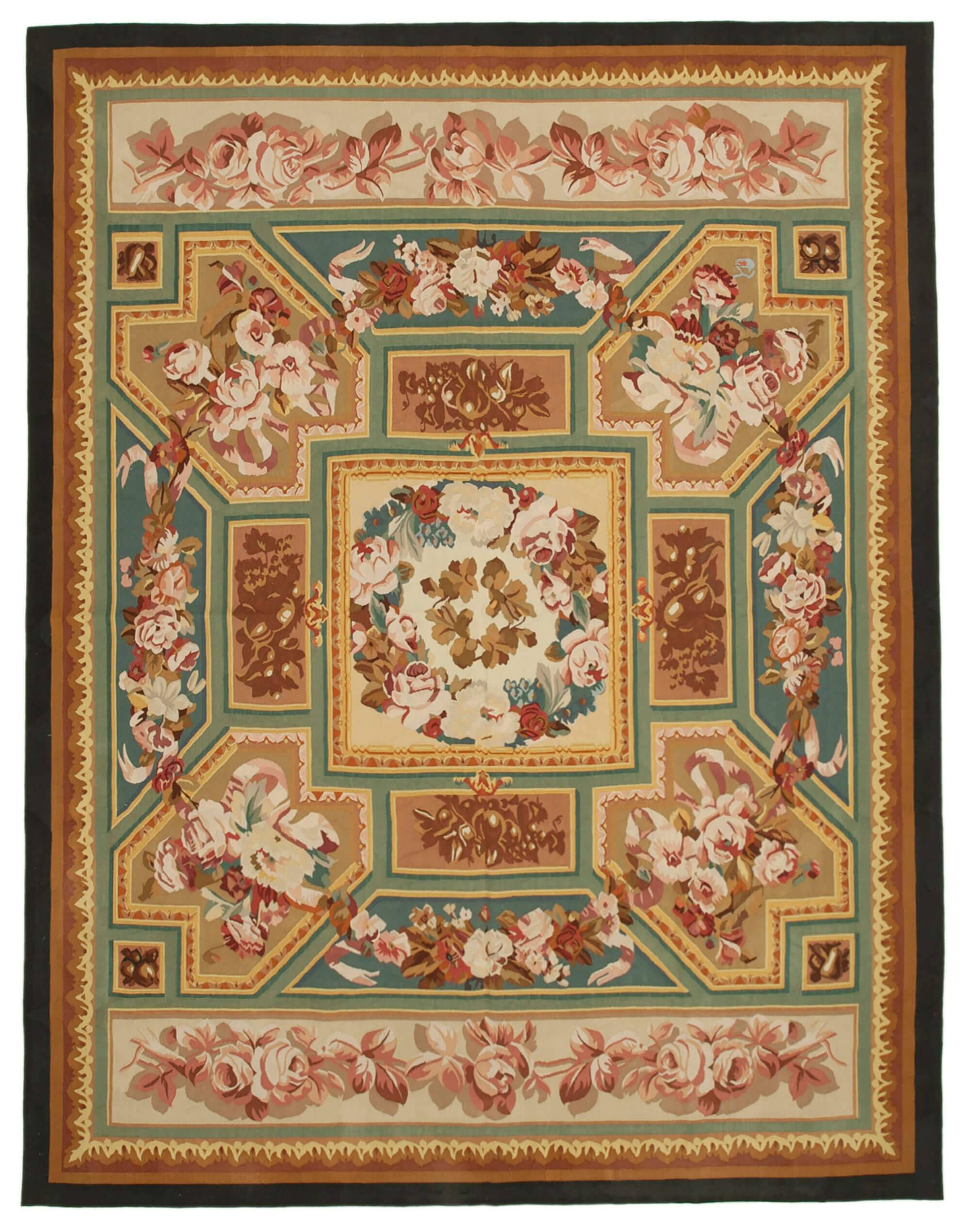 Handmade European Vintage Aubusson Kilim 280 cm x 369 cm