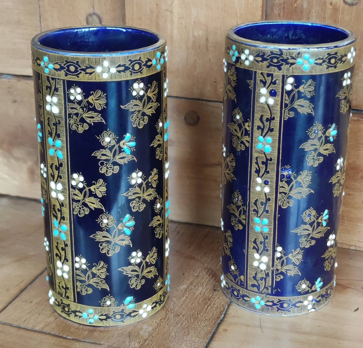 Old pair of Gien vases/enameled relief decoration