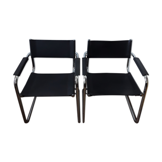 Pair of cantilever S34 leather and chrome armchairs 60/70