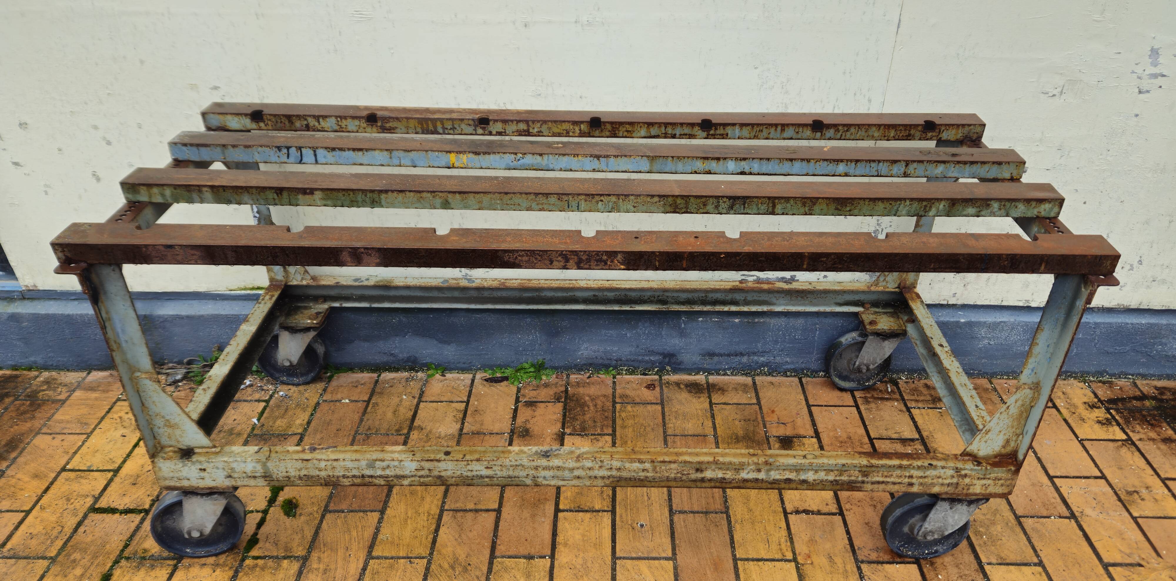 Metal industrial table on wheels, mid-20th century