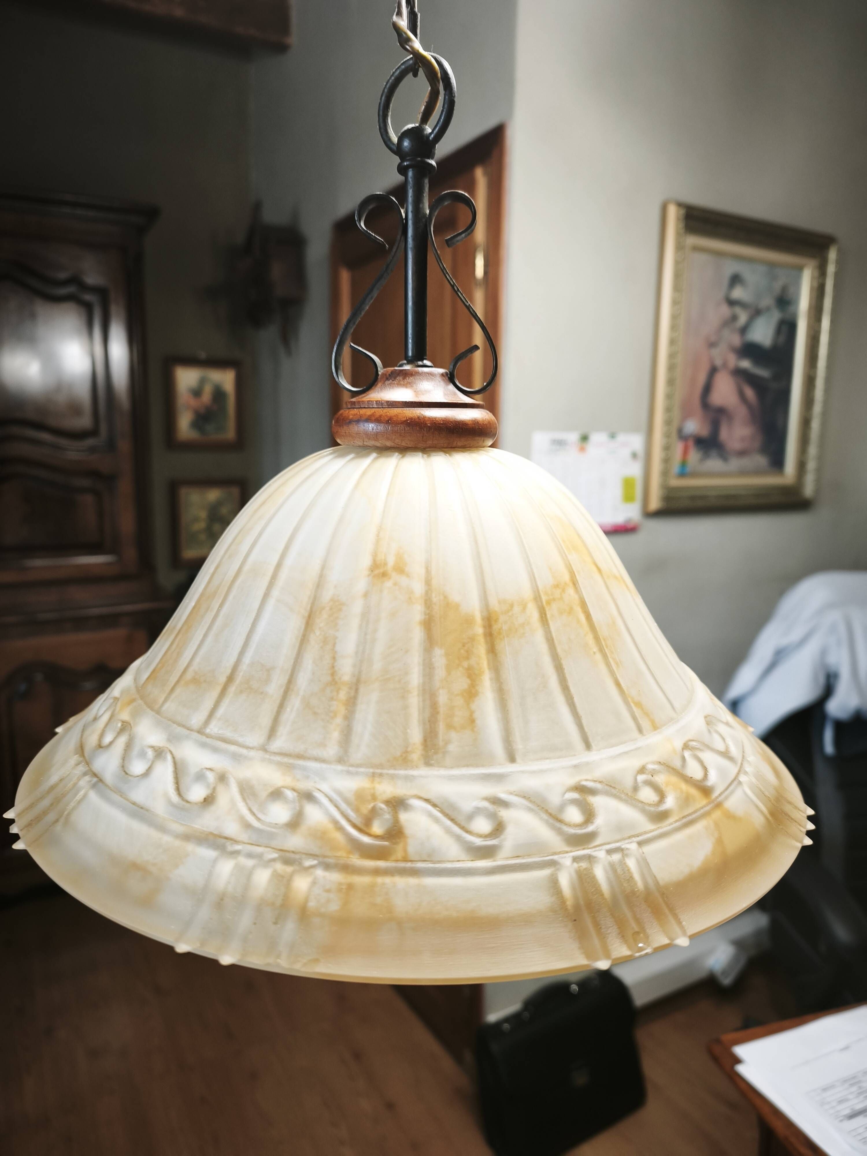 Vintage honey marbled glass pendant light with patinated metal – 1990s