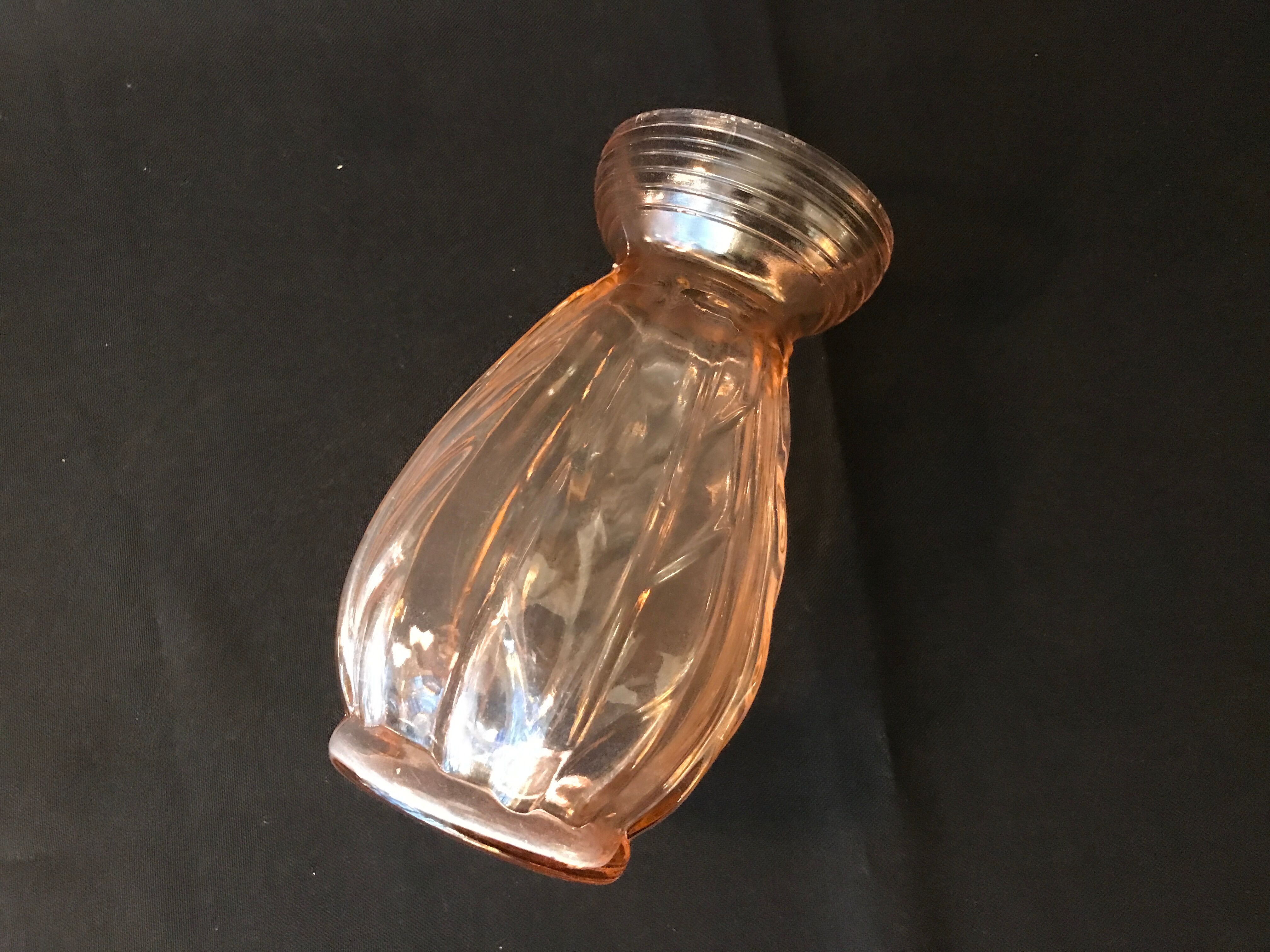 Antique art deco hyacinth vase in pink molded glass leaf pattern