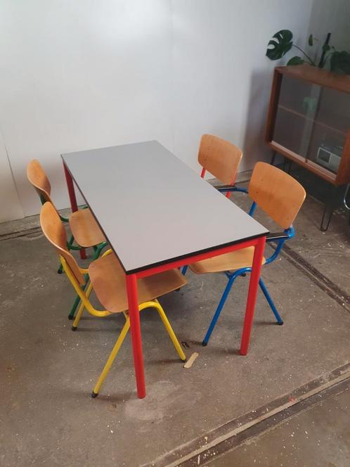 Multicolored dining table and chairs 80s
