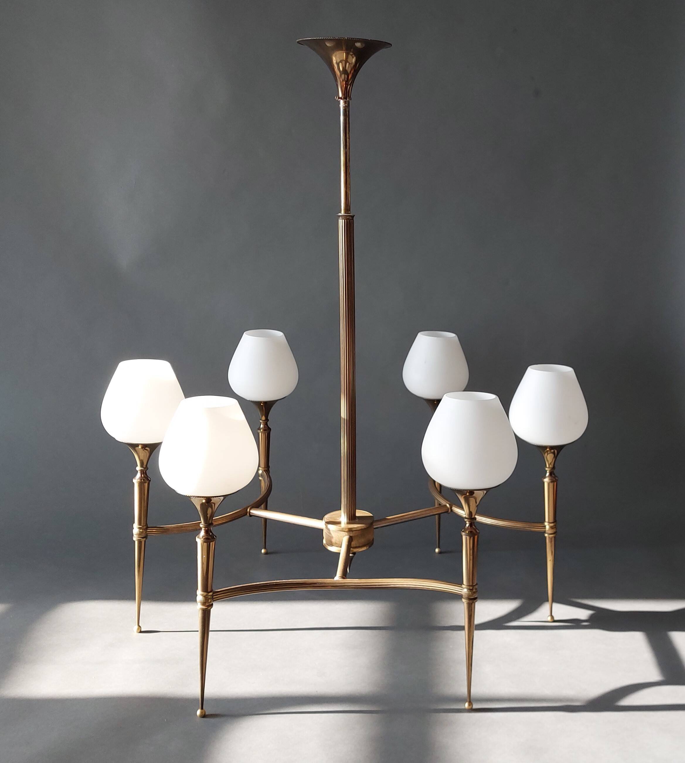 Chandelier in gilded brass and white opalines with 6 lights 1960.
