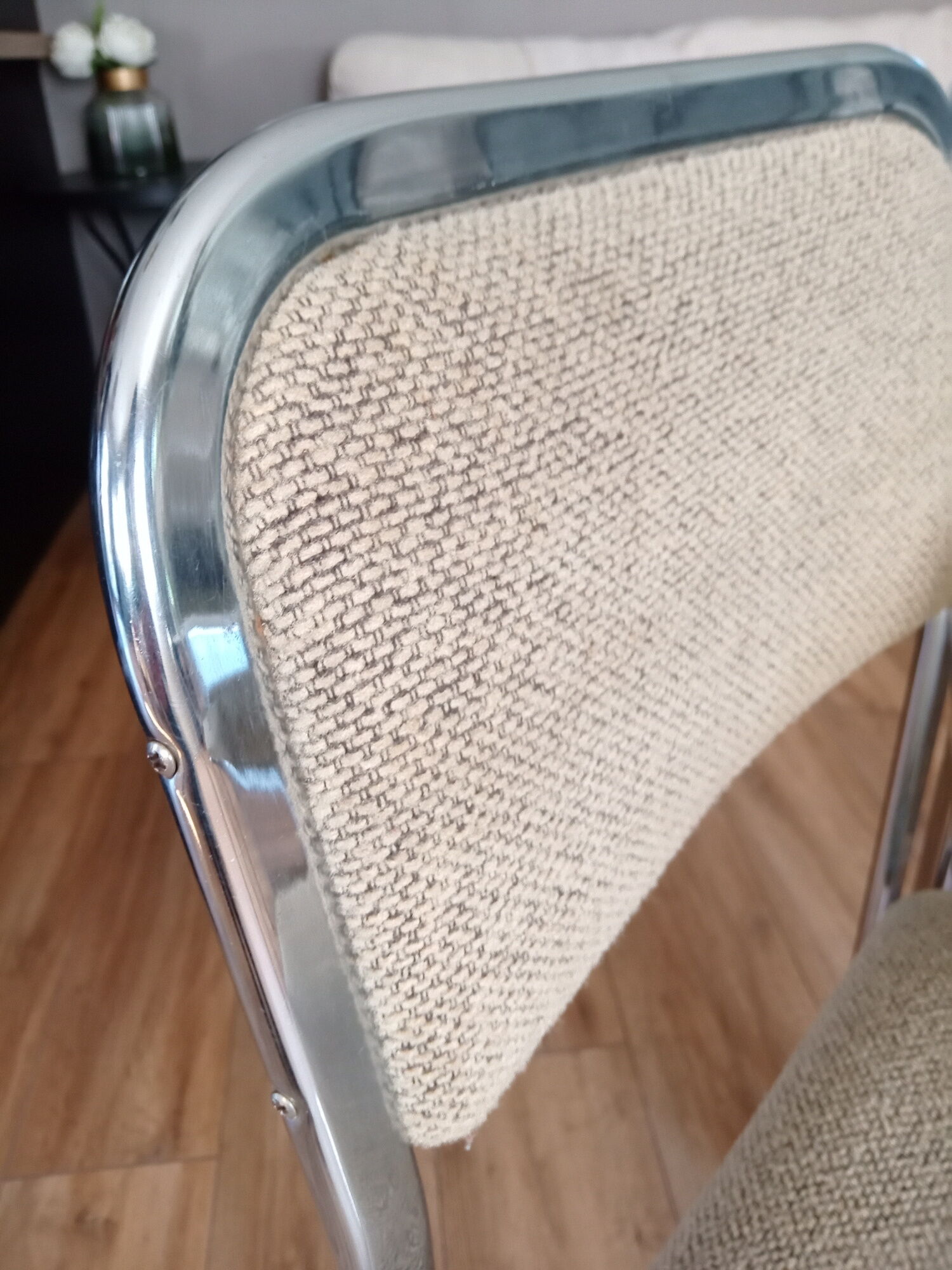 Table and 4 70s chairs chrome base and smoked glass tray chairs green water fabric