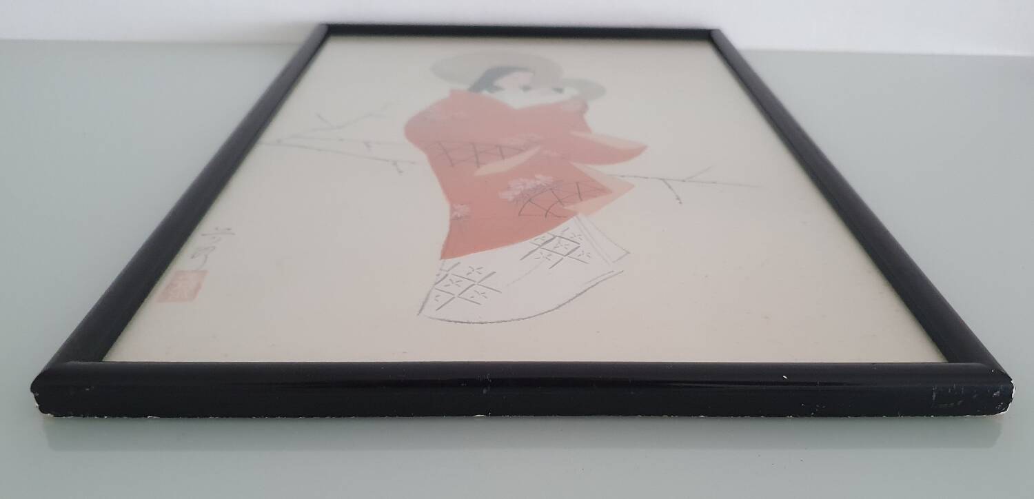 Japanese gouache painting on silk - 1930s