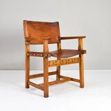 19th century oak and cognac leather brutalist castellana spanish armchair
