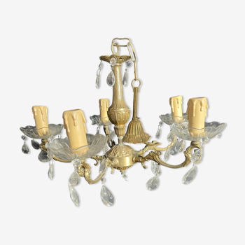 Lustre luminaires cinq branches en bronze et verre