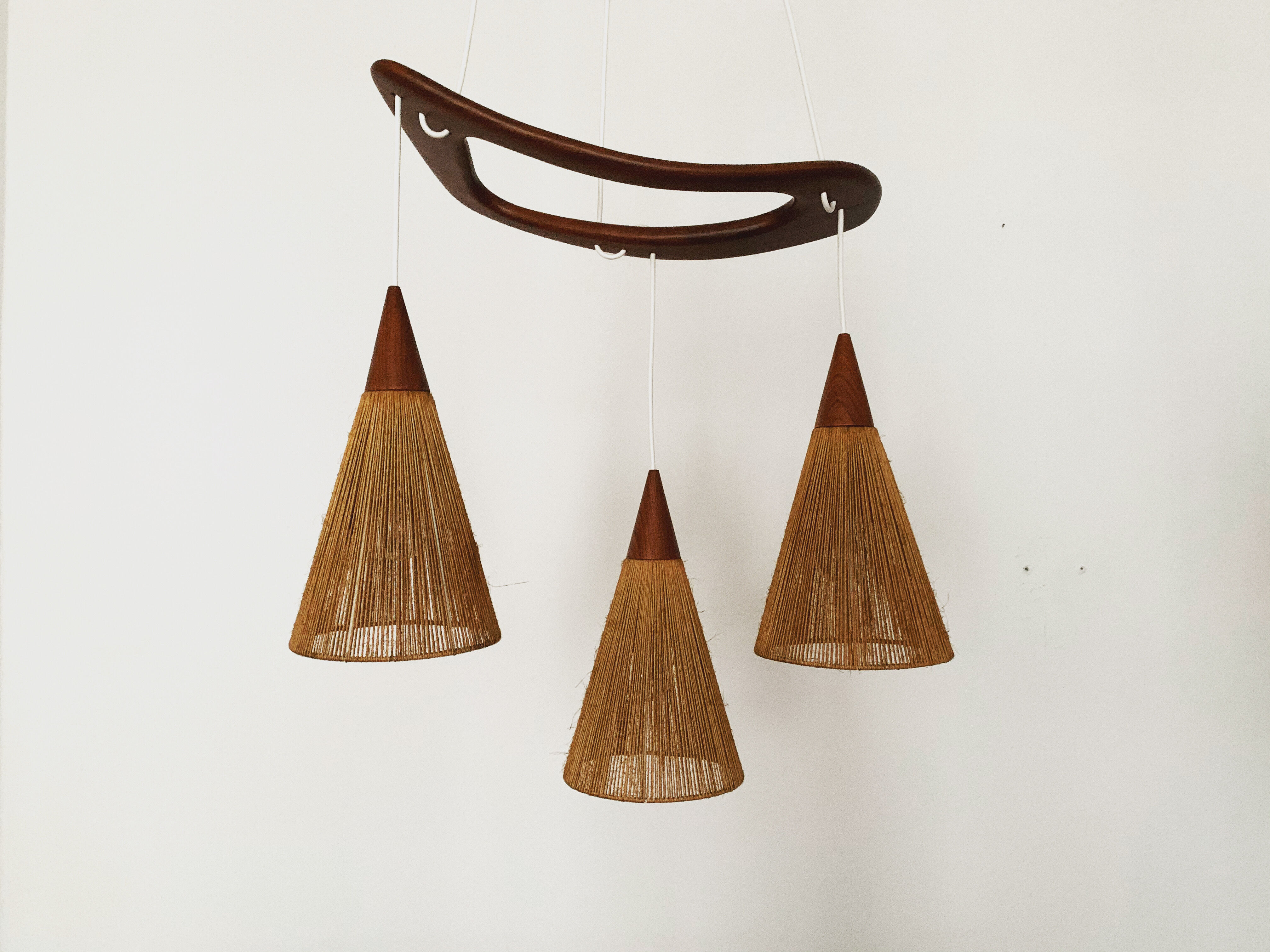 Teakwood and raffia bast cascading lamp by Rispal
