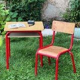 Vintage school table and chair in wood and metal
