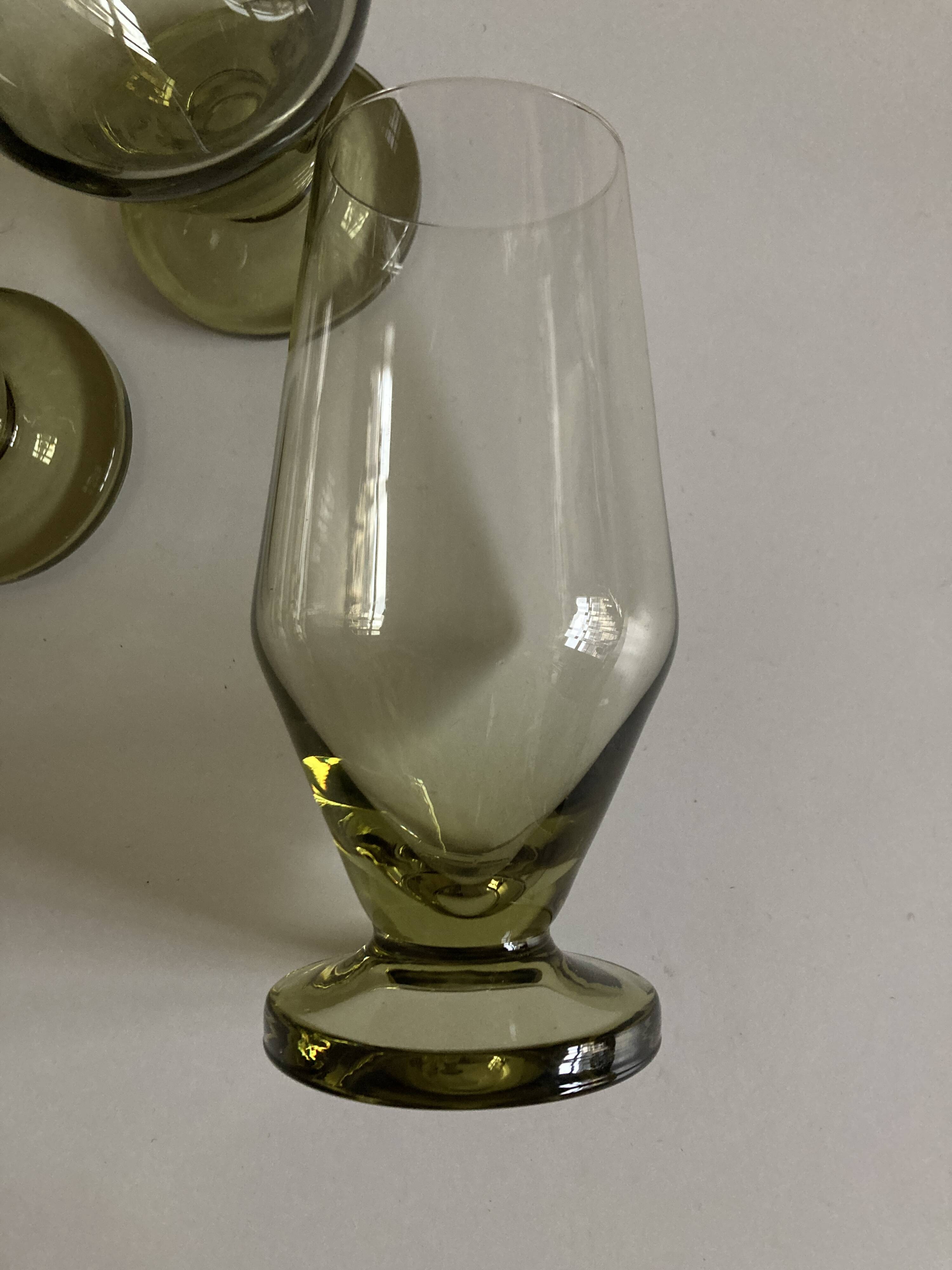 Set of 7 modernist lime green stemmed glasses 1950