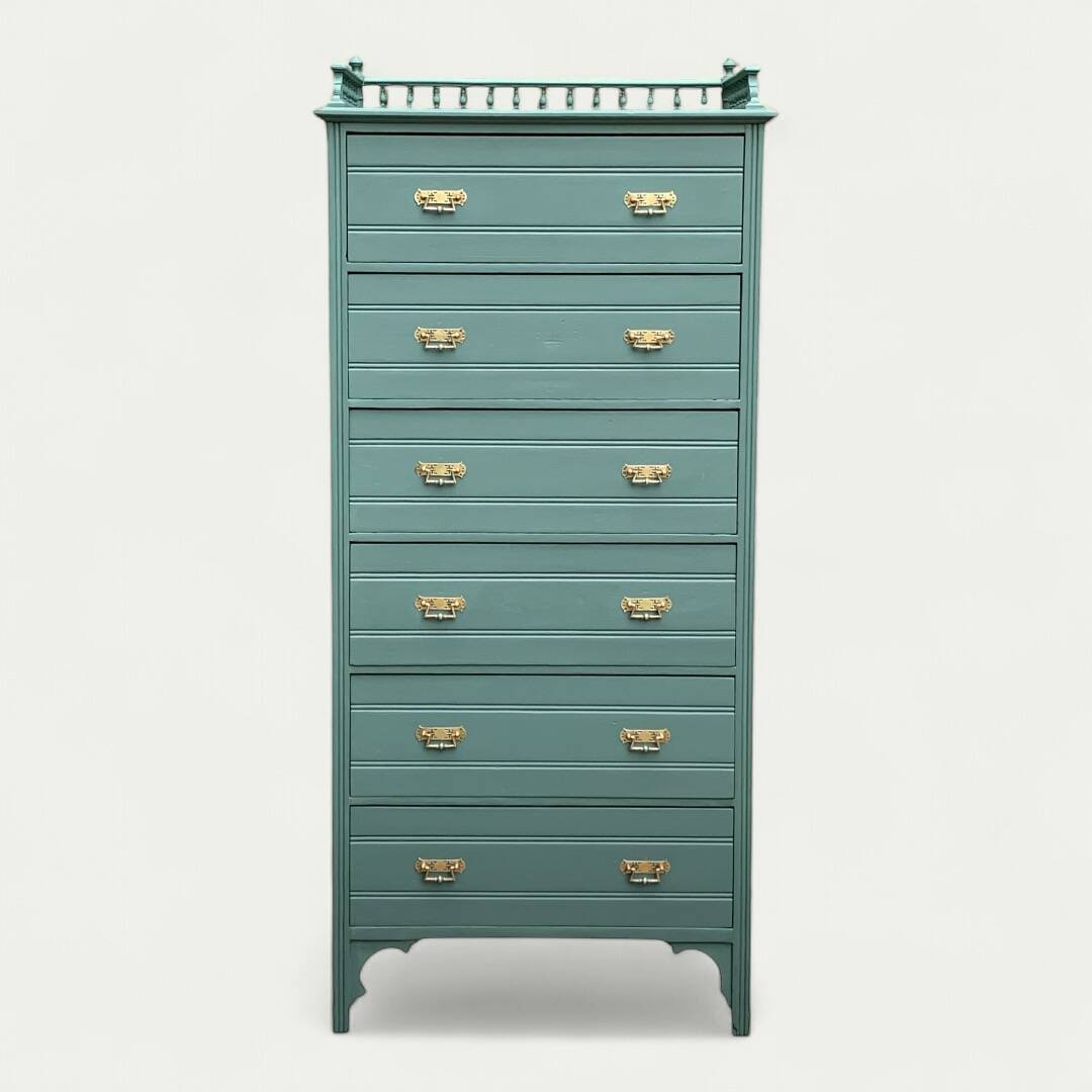 Old grey green high chest of drawers H160