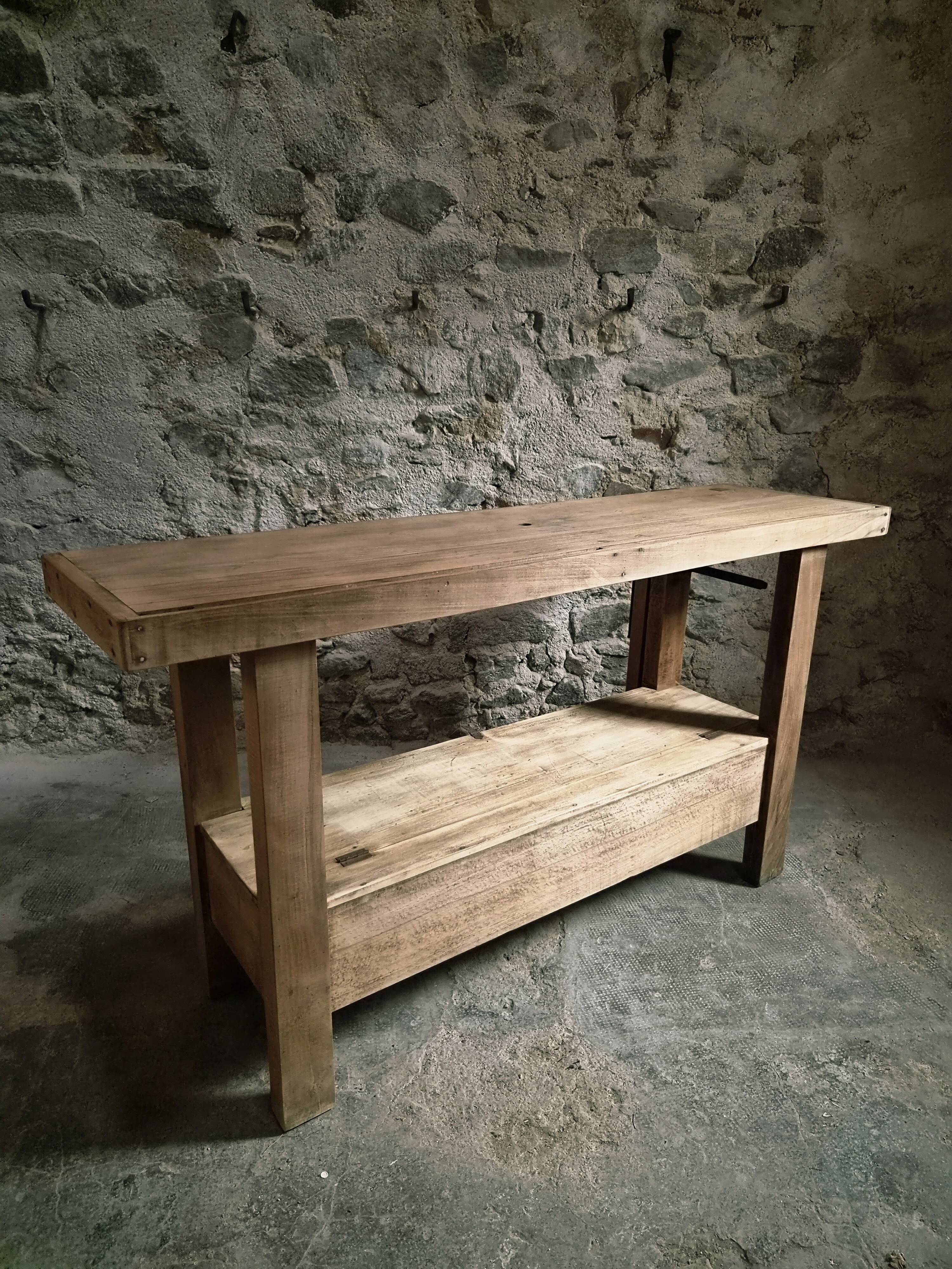 Vintage French beech side table, console, washbasin unit, industrial side table, circa 1950–1970.