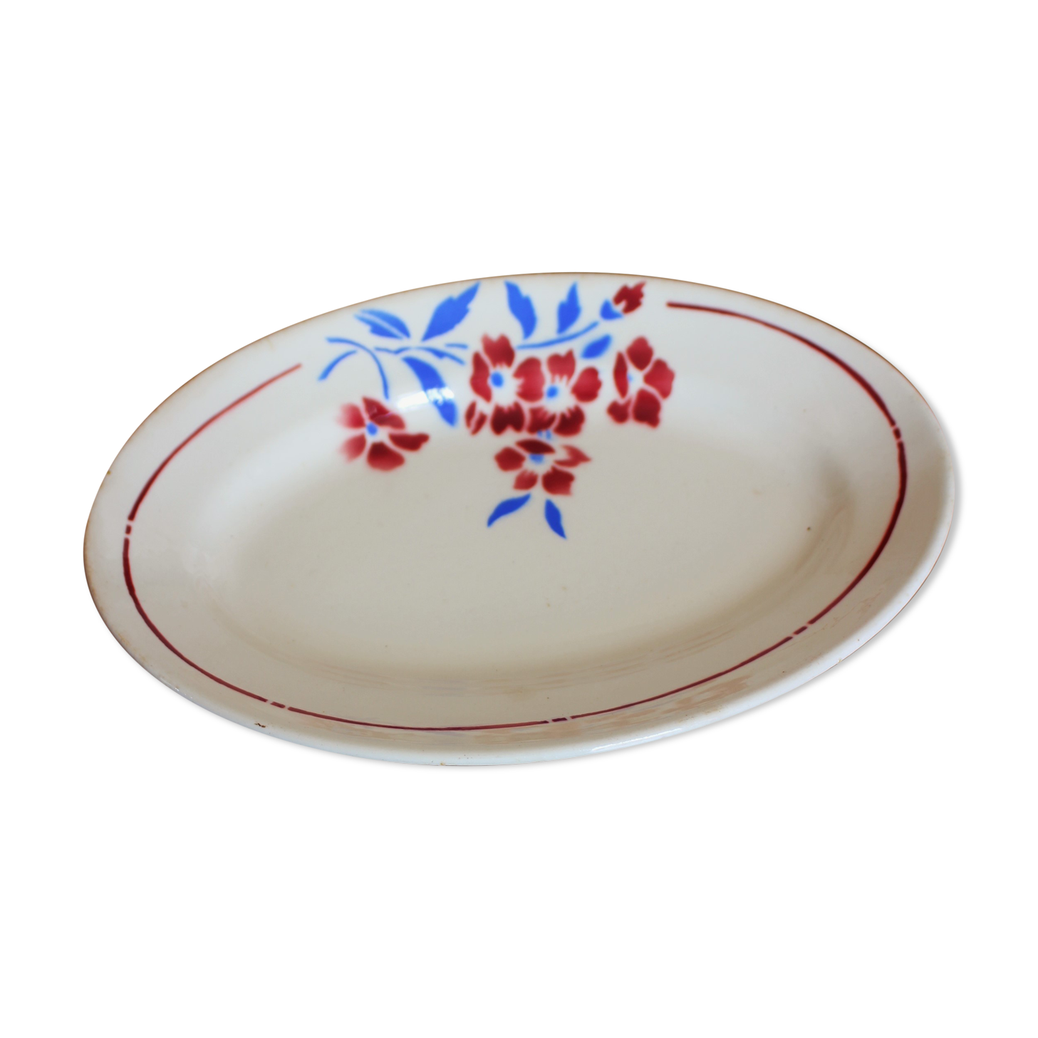 Ravier Badonviller Art Deco Small flat oval flowers red blue