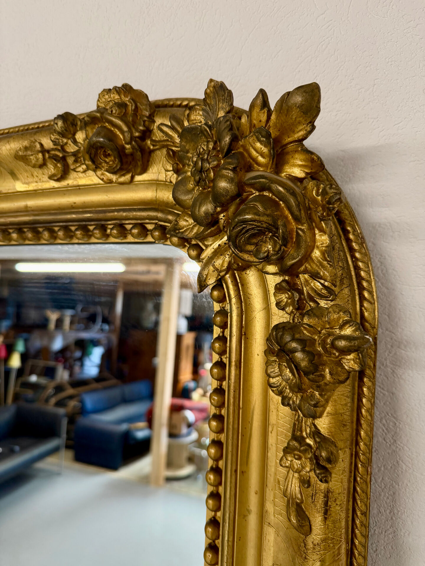 Large Napoleon III mirror with wooden gilded frame, 19th century, 200 cm.