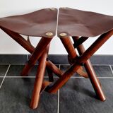 Set of teak and leather tripod stools