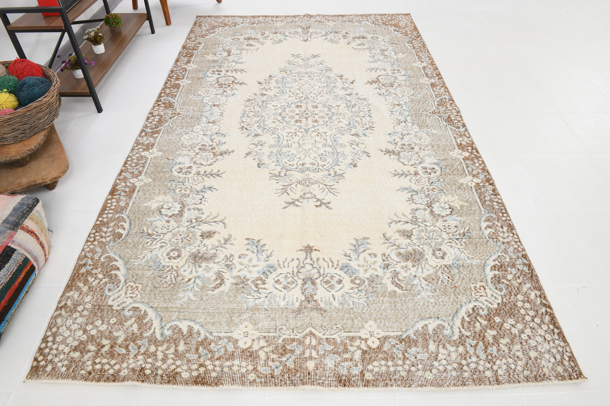 Handmade beige & brown floral  vintage rug