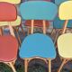 (Lot) 6 Multicoloured Compass Leg Chairs