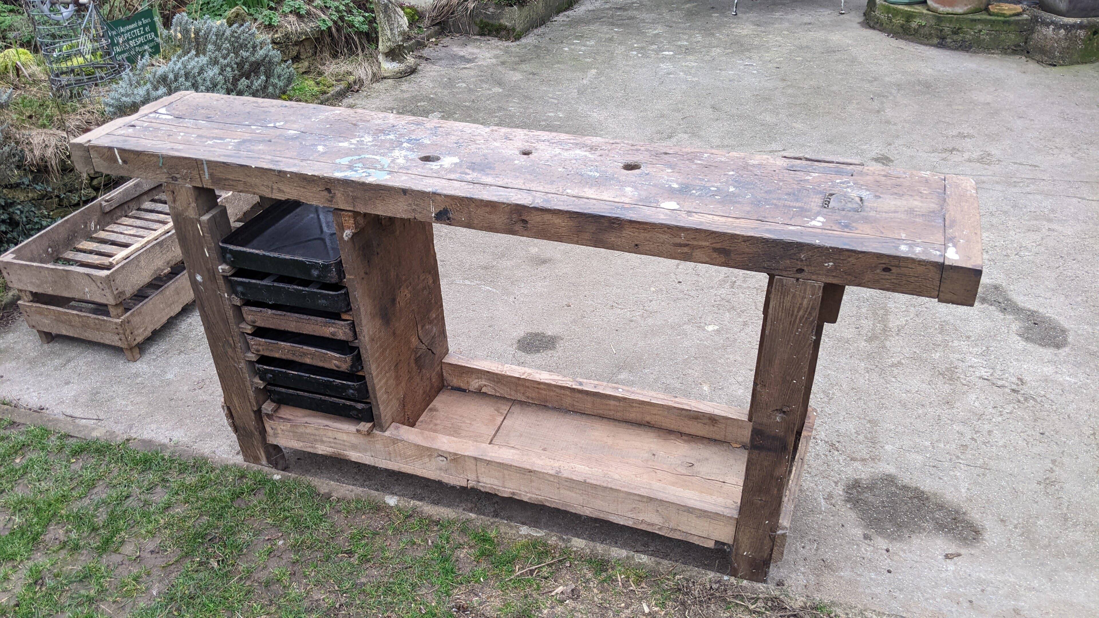 Old solid oak carpenter's workbench