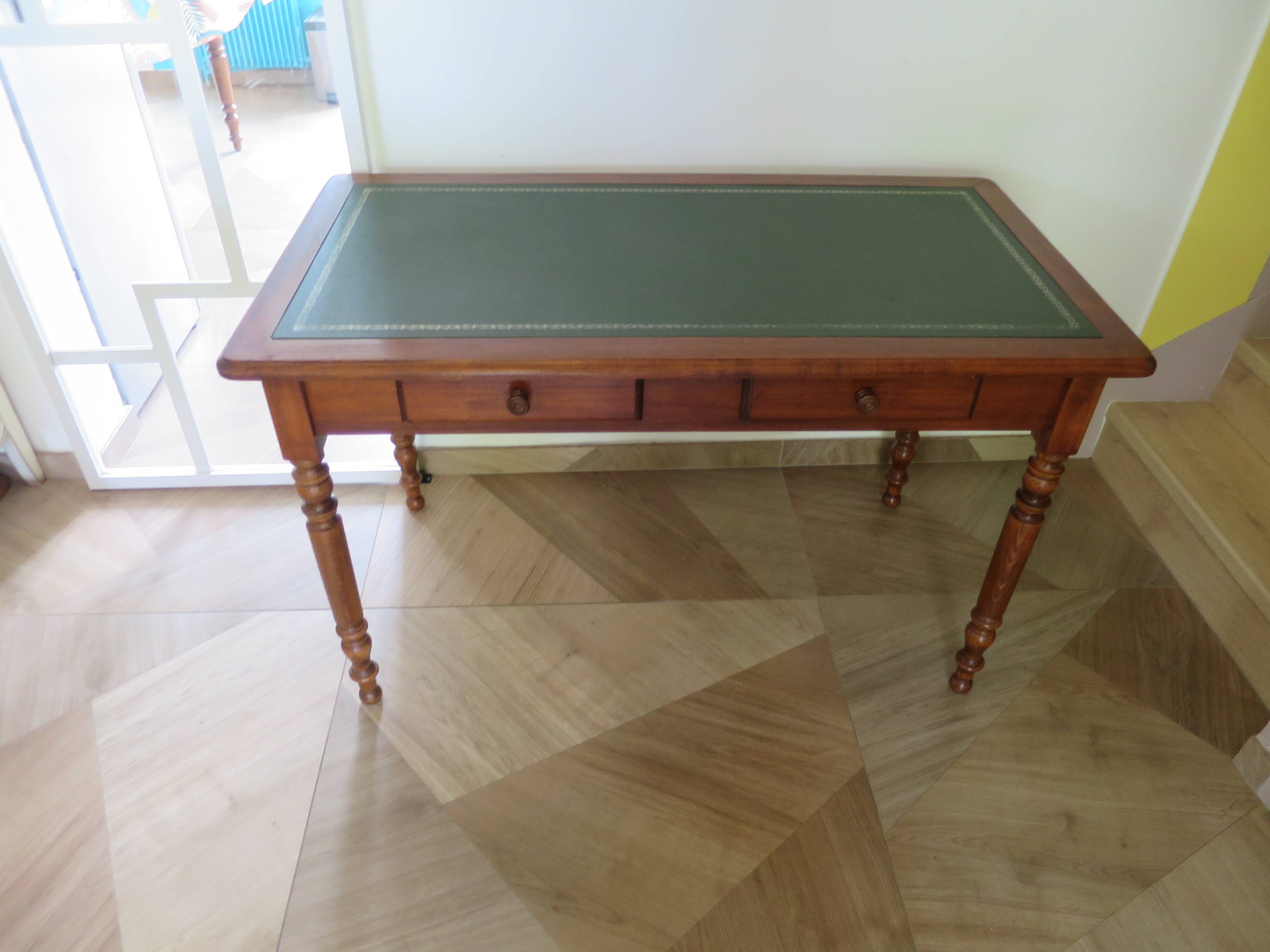 Minister's desk in Louis Philippe style – 2 drawers – cherry wood – green writing pad