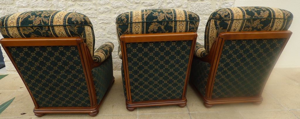 Three French-made cherry wood armchairs covered in velvet