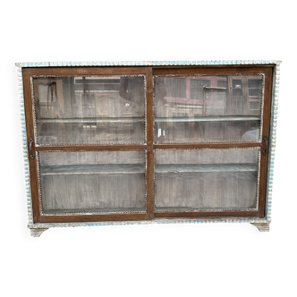 Teak display cabinet with sliding doors