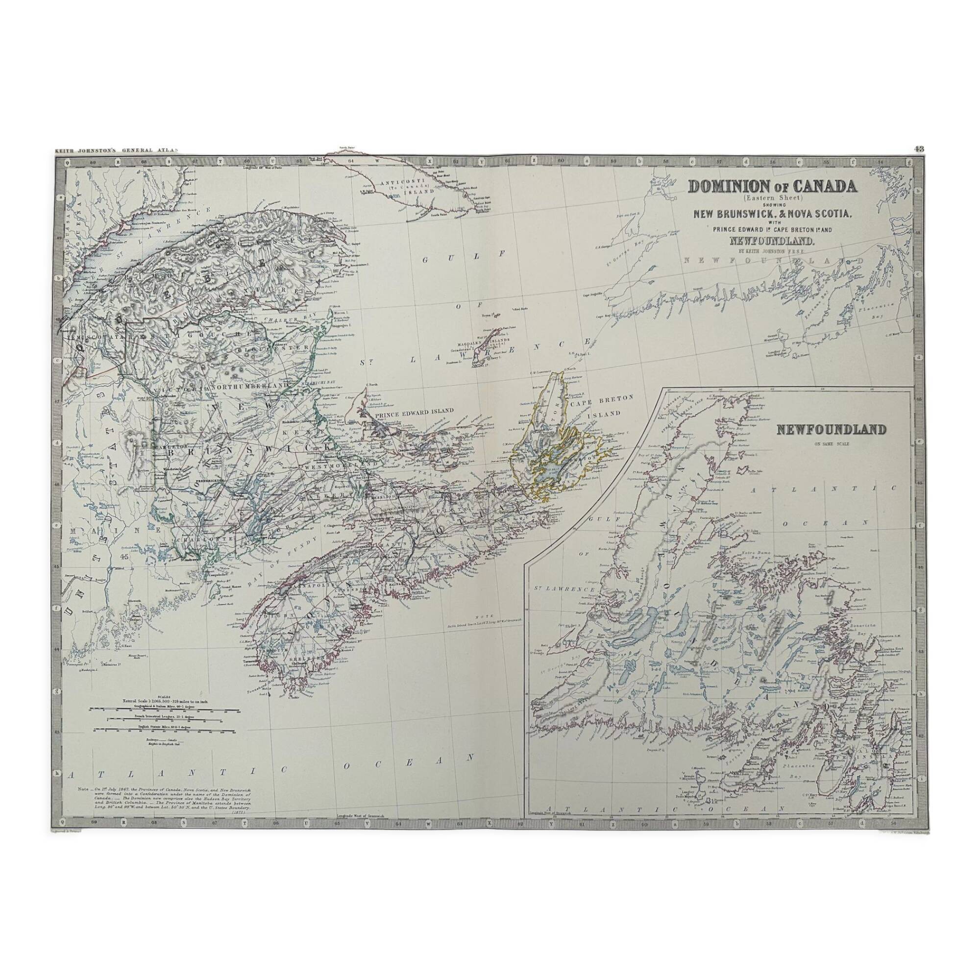 Antique Map of Canada (Eastern Sheet) circa 1869 Keith Johnston Royal Atlas Hand coloured map