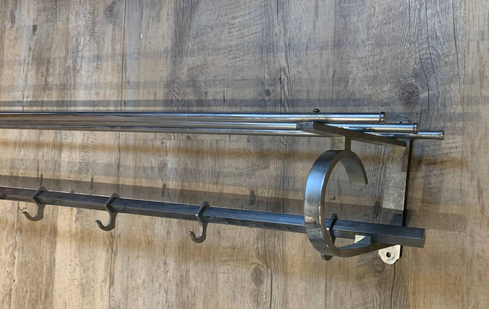 Large chrome metal wall coat rack with Art Deco shelf