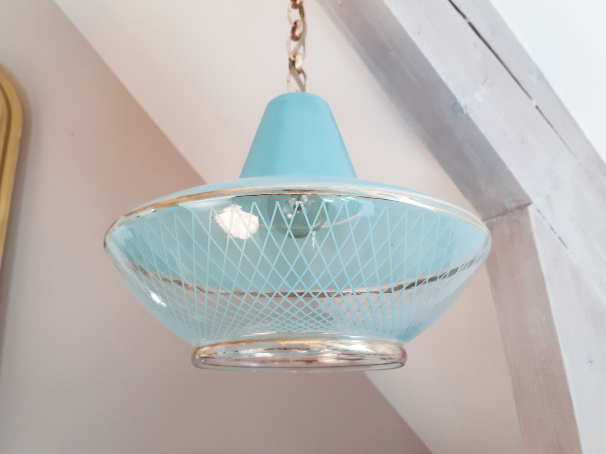 Vintage ceiling lamp suspension in glass, blue, 50s