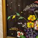 Floral embroidery on black silk framed 1950