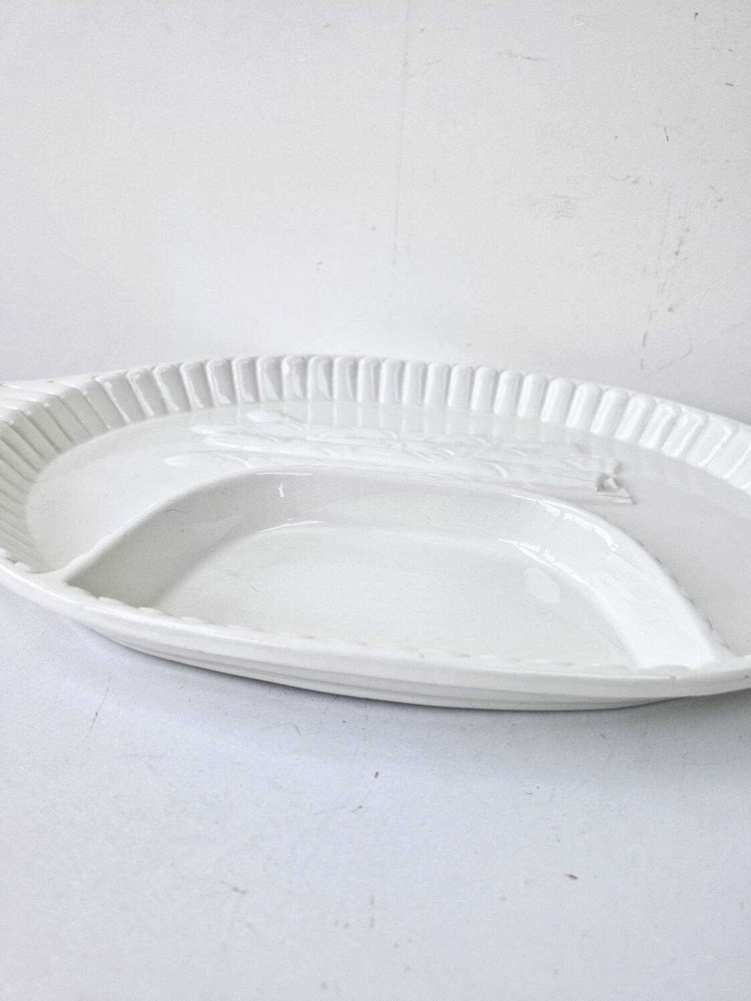 Large compartmented asparagus dish vintage white ceramic slush 43.5x28 cm