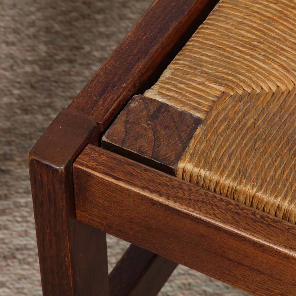 Set of 4 vintage solid wood and straw chairs, 1980